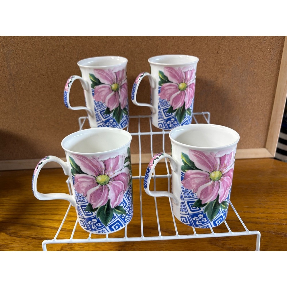 Roy Kirkham Rosamonde Fine Bone China Mugs Set of 4 Pink Floral Blue White 1995
